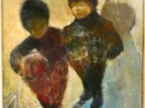 une peinture à l'huile représentant deux enfants dans une pièce où est accroché un tableau au mur