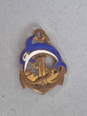 un pin's bleu et or orné d'un dauphin