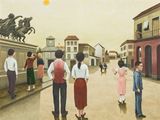 peinture d'un groupe de personnes devant un bâtiment