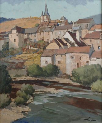 tableau représentant la vue d'un village avec une rivière au premier plan