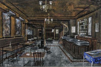 a drawing of a restaurant with tables and chairs in it