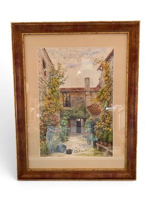 an image of a painting of a courtyard with potted plants