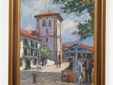 an oil painting of a street scene with a church in the background
