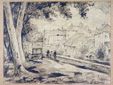 une image représentant un dessin d'une scène de rue avec une calèche