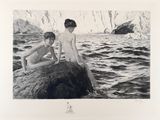 two naked men sitting on a rock in the water