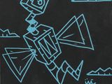 a black and blue drawing of a robot flying through the sky