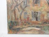an oil painting of a house with a tree in front of it
