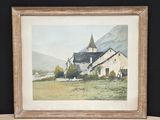 aquarelle encadrée représentant une scène de vie à la ferme avec une église en arrière-plan