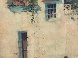 painting of a man sitting on the sidewalk in front of a white building