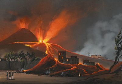une image représentant un tableau où l'on voit un volcan en éruption, dont les cendres s'élèvent dans le ciel