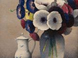 un tableau représentant un vase de fleurs et un éventail