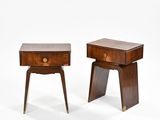 pair of mid century walnut bedside tables with brass hardware