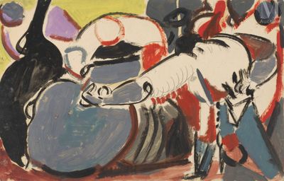 l'image d'une peinture représentant un groupe de personnes jouant du tambour