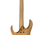 a close up of a guitar with a wooden body on a white background