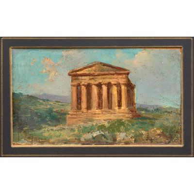 une peinture à l'huile représentant un temple grec sur une colline