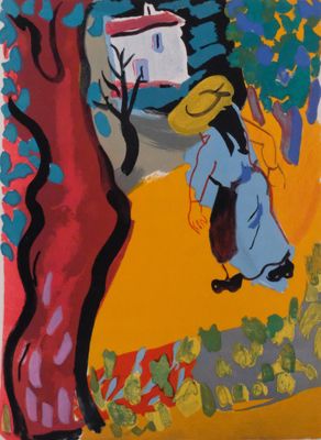 an image of a painting of a woman standing under a tree
