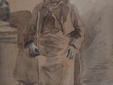 tableau représentant un vieil homme assis sur une chaise, une canne à la main
