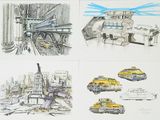 drawings of a bus, a bus, a bus, a bus and a bus on a city street