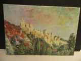 peinture représentant un tableau d'un château situé sur une colline, avec le ciel en arrière-plan
