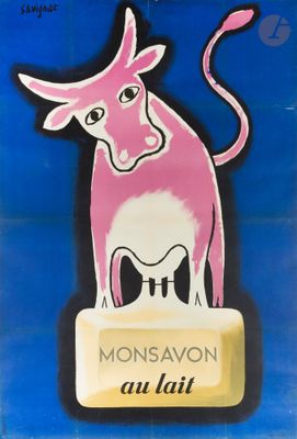 painting of a pink cow standing on top of a sign
