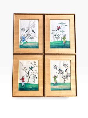 four framed paintings of birds and flowers on a white background