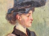 painting of a woman in a black hat and a gray jacket