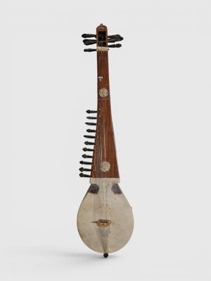 a close up of a musical instrument on a white surface