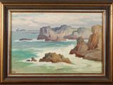 an oil painting of a view of a rocky coast with a body of water in the foreground
