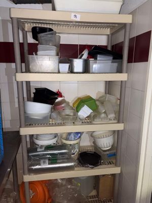 Un lot de bacs plastiques. On y joint une étagère.
