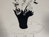a drawing of a vase with flowers in it