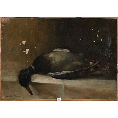 une peinture à l'huile représentant un oiseau mort posé sur une table près d'un mur