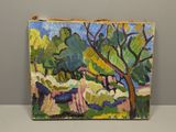 une peinture à l'huile représentant un paysage avec des arbres et un banc