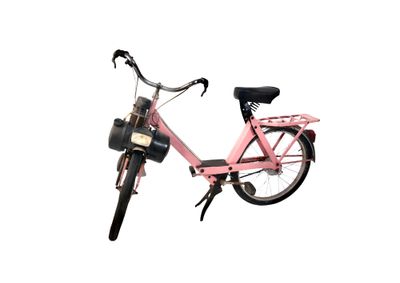 a pink bicycle with a basket on the back of it
