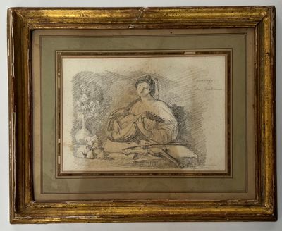 an old drawing of a woman sitting on the ground with a dog