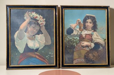 painting of two girls with flowers in their hair and a basket of flowers in her hair