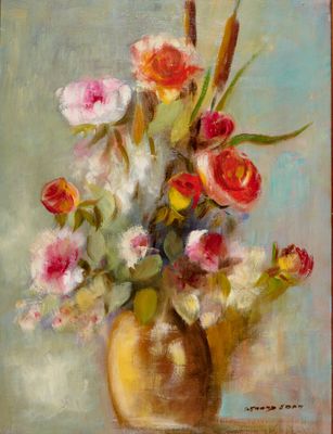 une peinture de fleurs dans un vase sur une table