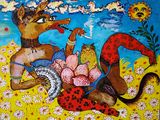 un tableau représentant un chien et une femme sur une plage