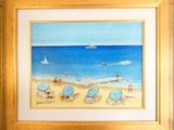 un tableau représentant une scène de plage avec des parasols et des bateaux