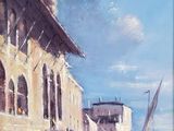 une peinture à l'huile représentant des personnes marchant devant un grand bâtiment