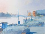 a painting of a boat on the water with a bridge in the background