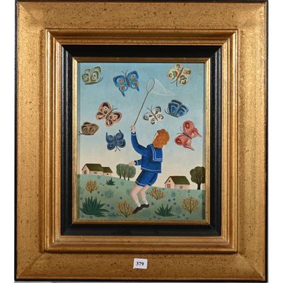 tableau représentant un garçon faisant voler un cerf-volant dans un champ, au milieu des papillons