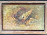 peinture représentant un oiseau dans un cadre en bois sur fond bleu