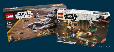 Deux coffrets Lego Star Wars sont présentés dans une boîte sur fond bleu