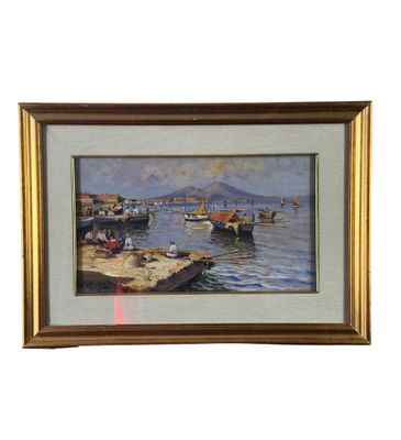 tableau à l'huile encadré représentant des bateaux sur l'eau dans un port