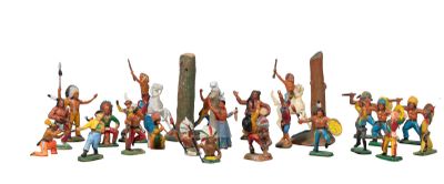 many figurines of different types of people on a white background
