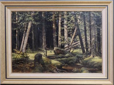 une peinture à l'huile représentant une scène forestière avec une bûche au premier plan