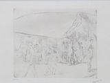 an image of a drawing of a group of people standing in front of a building