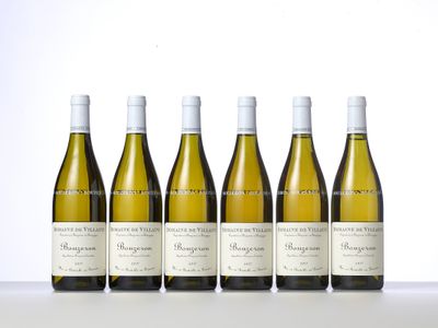 six bottles of white wine lined up on a table