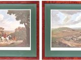 two framed pictures of horses and riders in a wooded landscape