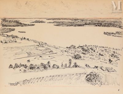 un vieux dessin représentant une rivière et une ville